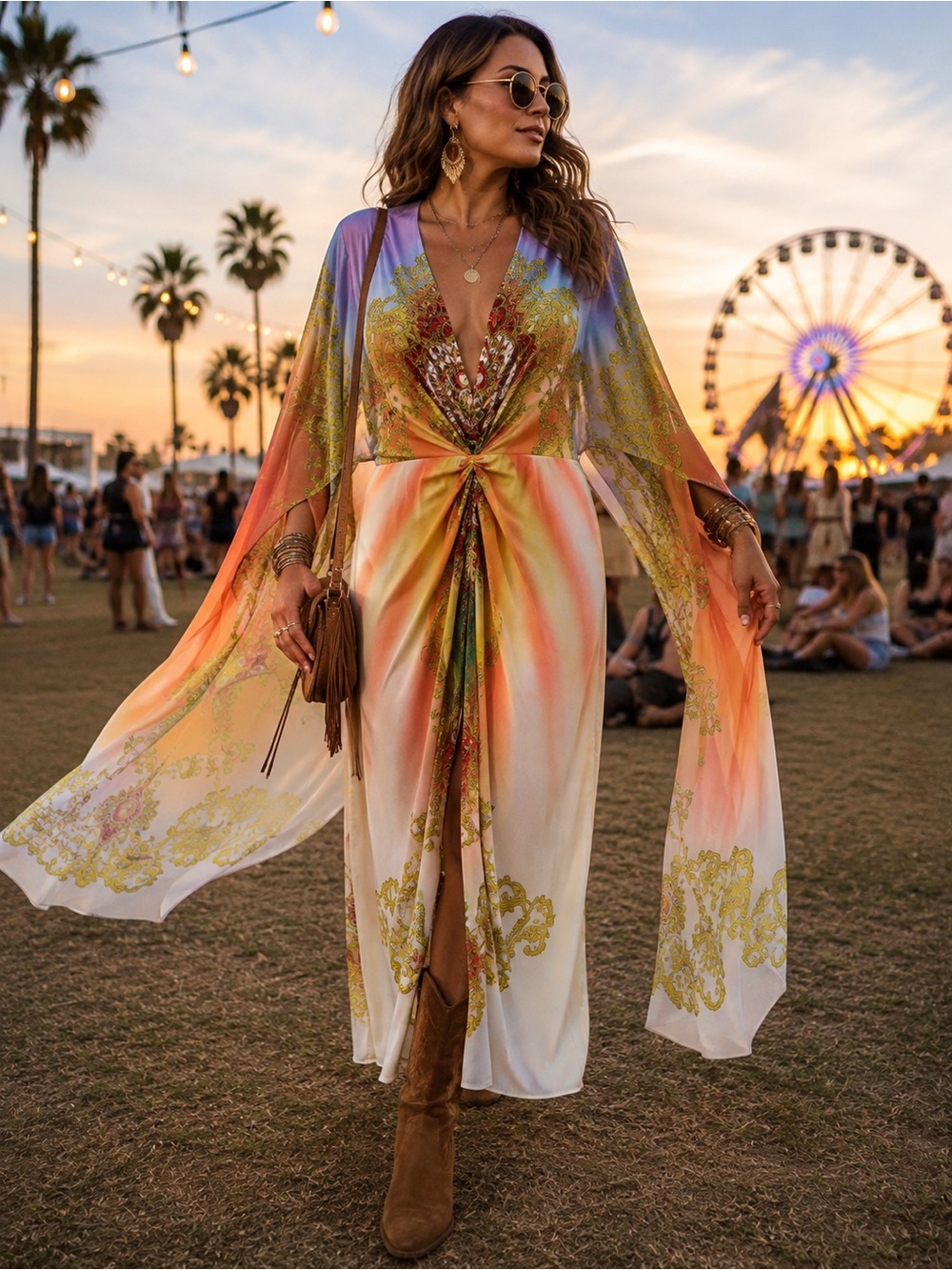 Venus Bohemian Gradient Tie-Front Maxi Dress/Kaftan in Multicolor